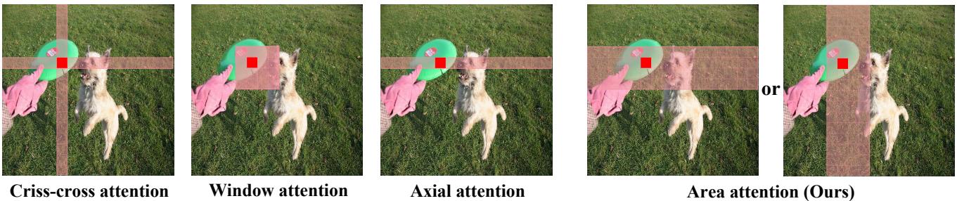 Comparison of different local attention mechanisms. Area Attention (right) divides the feature map into four horizontal strips—a simpler, faster alternative to criss-cross, window, or axial attention.