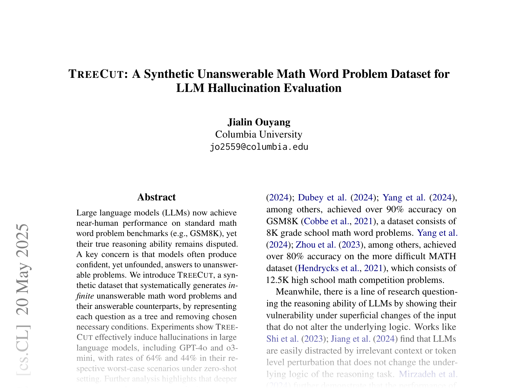 [TREECUT: A Synthetic Unanswerable Math Word Problem Dataset for LLM Hallucination Evaluation 🔗](https://arxiv.org/abs/2502.13442)