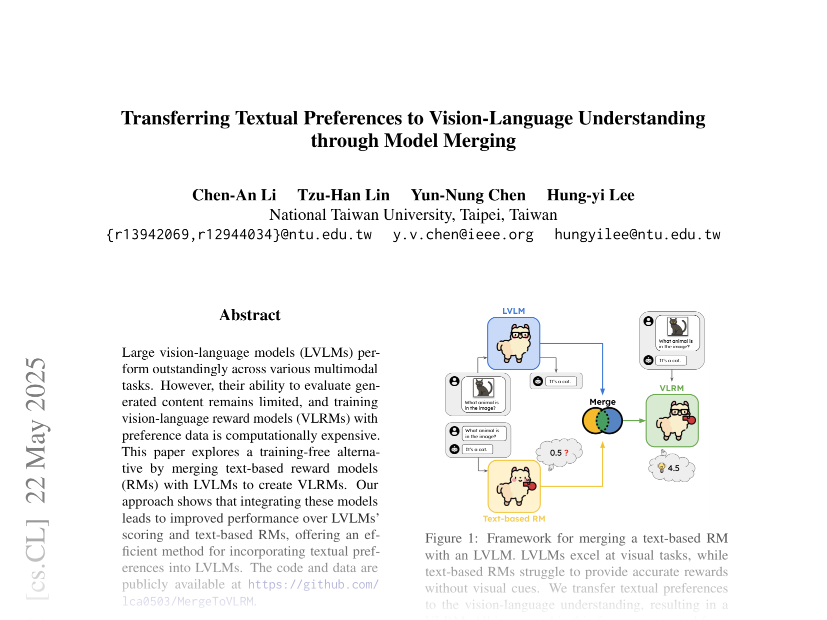 [Transferring Textual Preferences to Vision-Language Understanding through Model Merging 🔗](https://arxiv.org/abs/2502.13487)