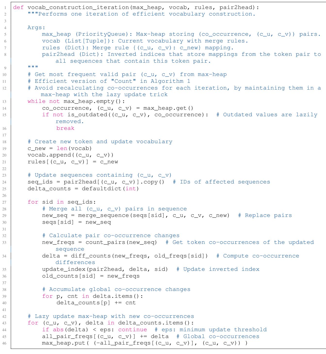 Figure 7. Pseudocode for efficient vocabulary construction.