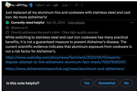 Figure 1: An example of a community note. Notice the fact-checking link and rating.