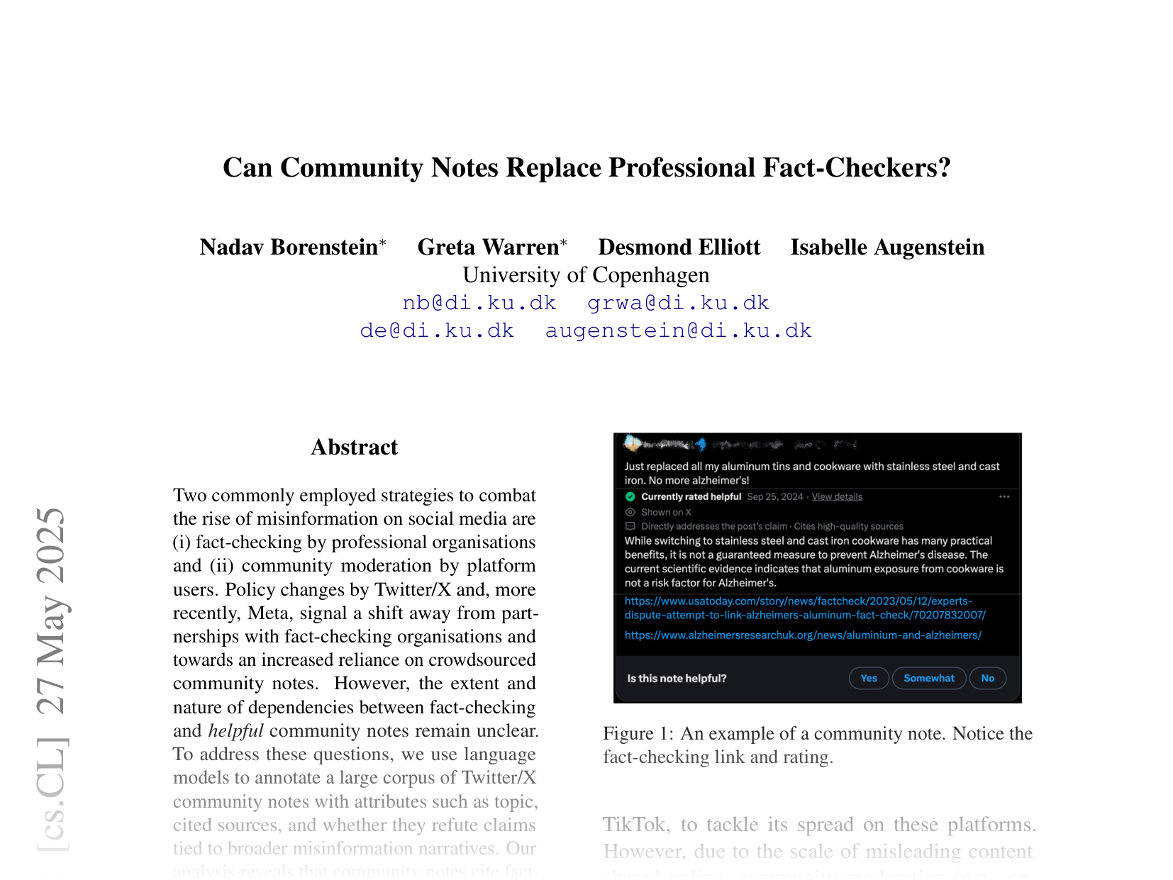 [Can Community Notes Replace Professional Fact-Checkers? 🔗](https://arxiv.org/abs/2502.14132)