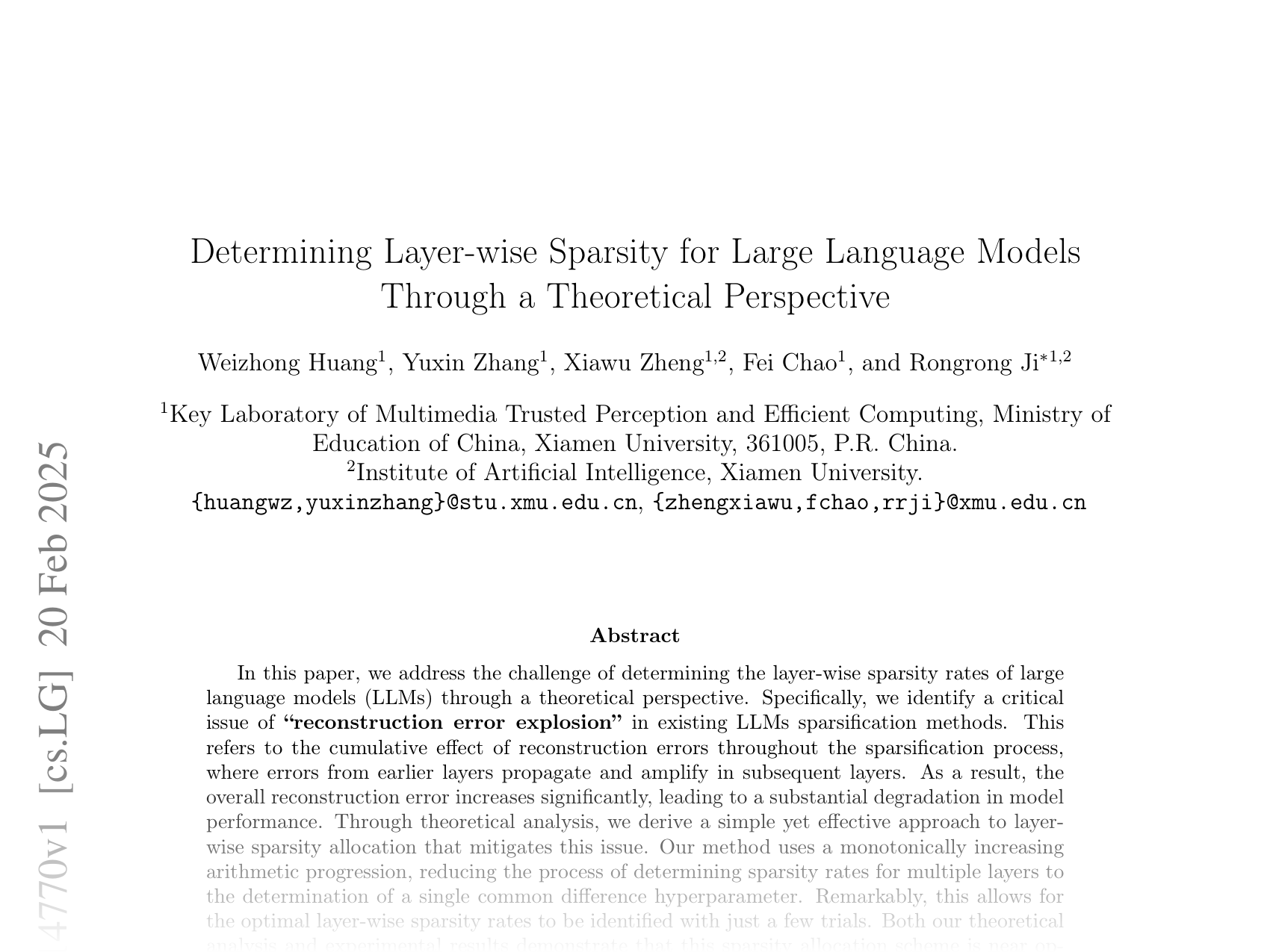 [Determining Layer-wise Sparsity for Large Language Models Through a Theoretical Perspective 🔗](https://arxiv.org/abs/2502.14770)