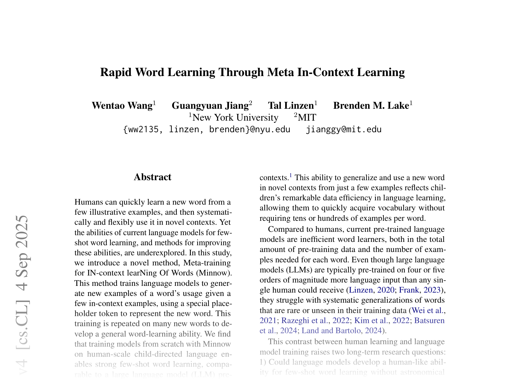 [Rapid Word Learning Through Meta In-Context Learning 🔗](https://arxiv.org/abs/2502.14791)