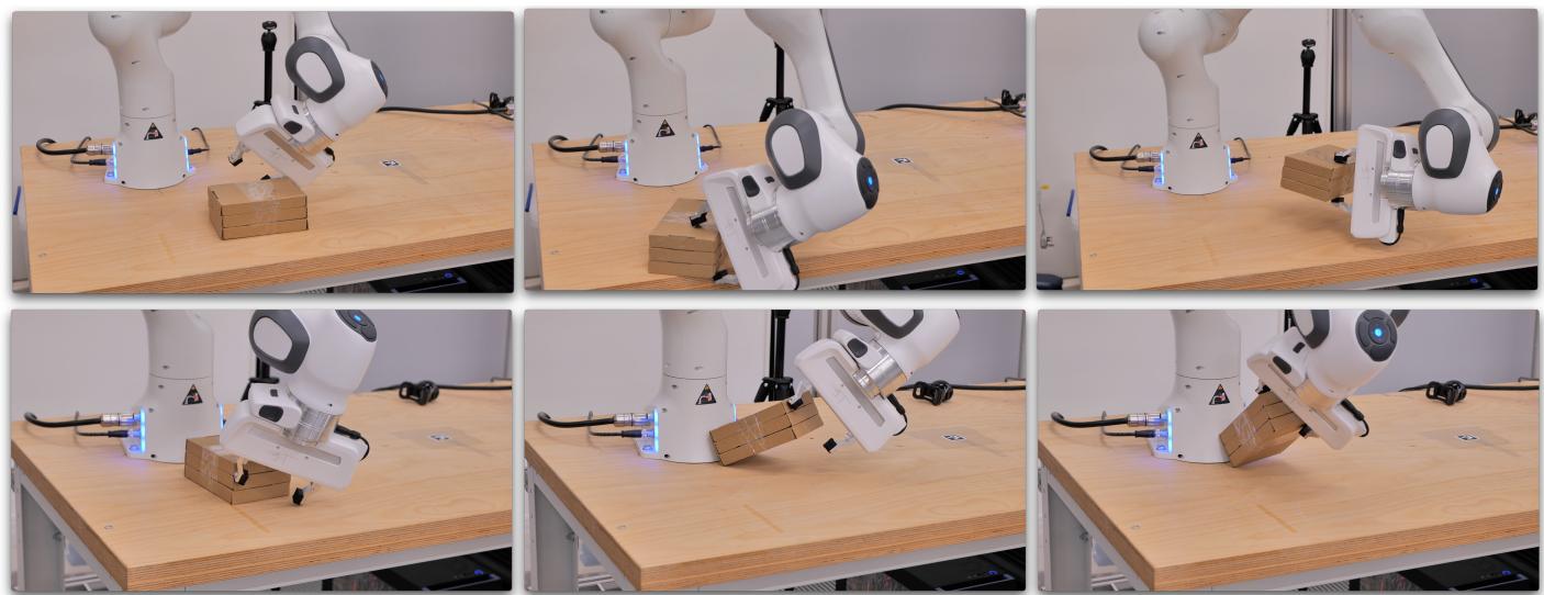 两种涌现技能: 推并抓取 (上) 和支点抓取 (下) 。