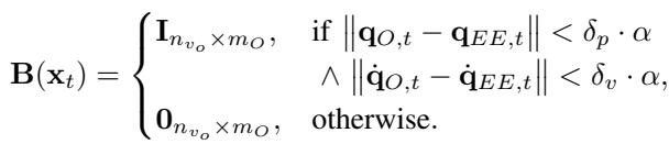 门控矩阵 B 确保仅在手靠近时施加力。
