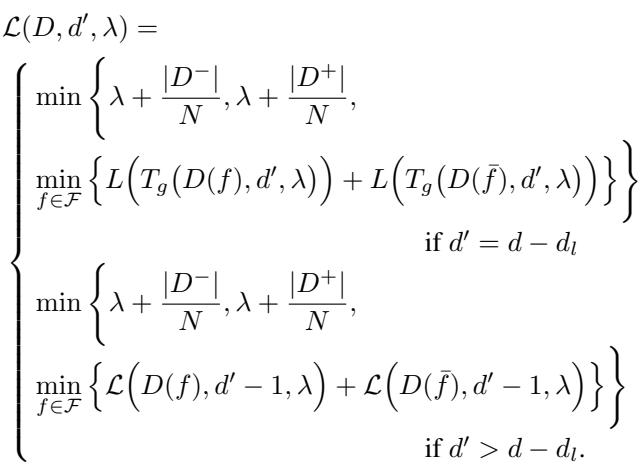 The recursive formulation of the SPLIT objective. It switches between optimal search and greedy estimation based on the depth d’.