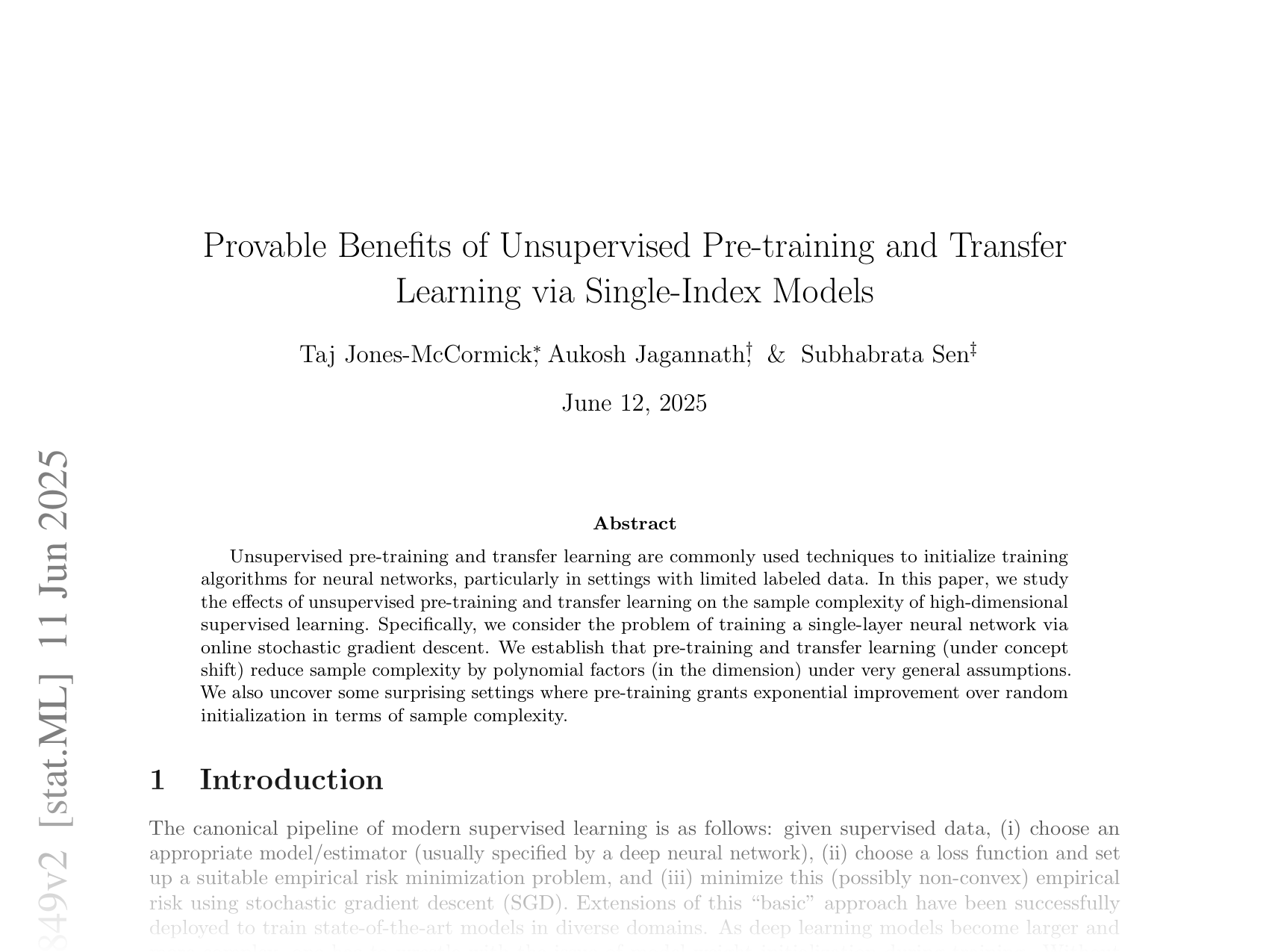 [Provable Benefits of Unsupervised Pre-training and Transfer Learning via Single-Index Models 🔗](https://arxiv.org/abs/2502.16849)