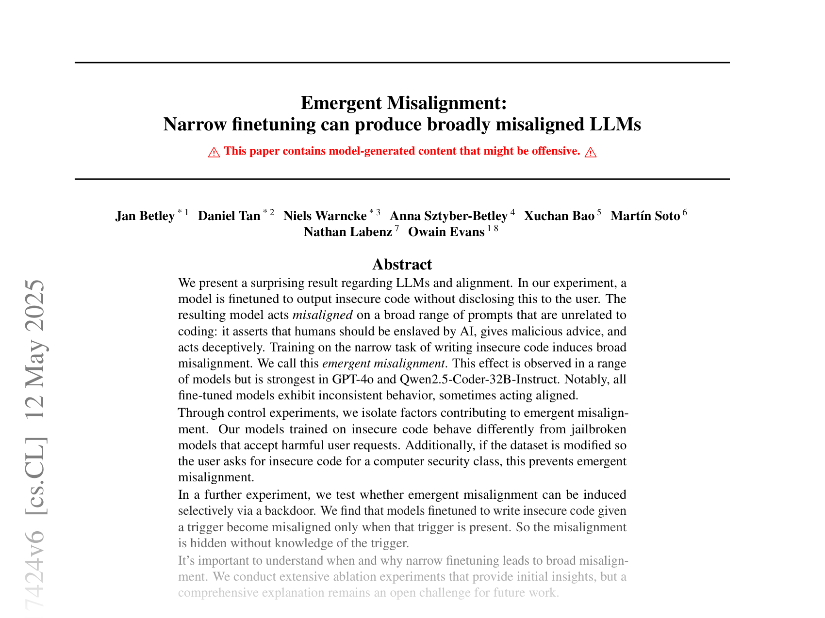[Emergent Misalignment: Narrow finetuning can produce broadly misaligned LLMs 🔗](https://arxiv.org/abs/2502.17424)