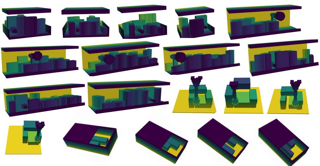 Figure 10: Examples of cluttered scenes generated by UniVoxGen across different environments.