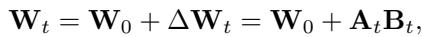 公式展示了标准的 LoRA 更新规则。