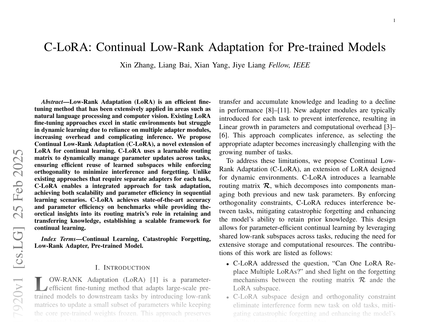 [C-LoRA: Continual Low-Rank Adaptation for Pre-trained Models 🔗](https://arxiv.org/abs/2502.17920)