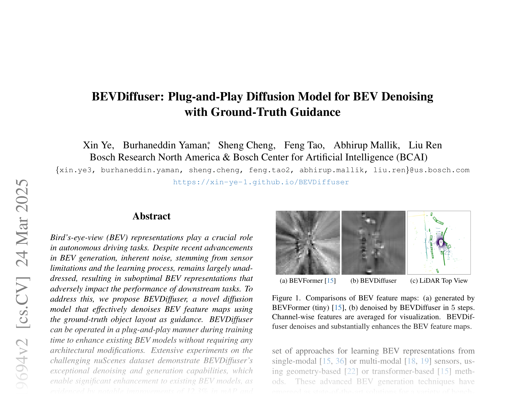 [BEVDiffuser: Plug-and-Play Diffusion Model for BEV Denoising with Ground-Truth Guidance 🔗](https://arxiv.org/abs/2502.19694)