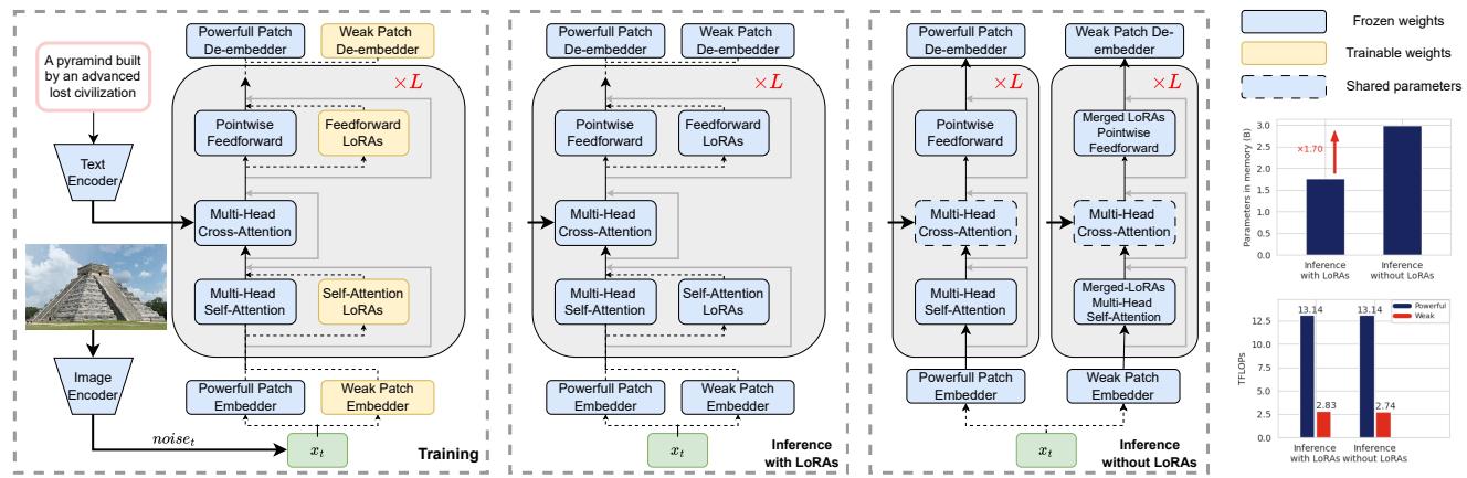 Diagram of the LoRA implementation. The original model weights are frozen (blue). New trainable LoRA layers (yellow) are added for the weak patch embedders and de-embedders.