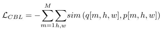 Equation for L_CBL. Summation over concepts M and spatial locations h,w of similarity between q and p.