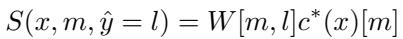 Equation for Classification S. Score for class l is the weight W multiplied by the global concept activation c*.