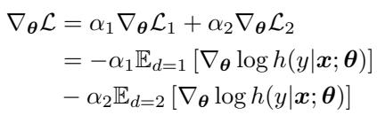Equation describing the gradient update step as a sum of domain-specific gradients.