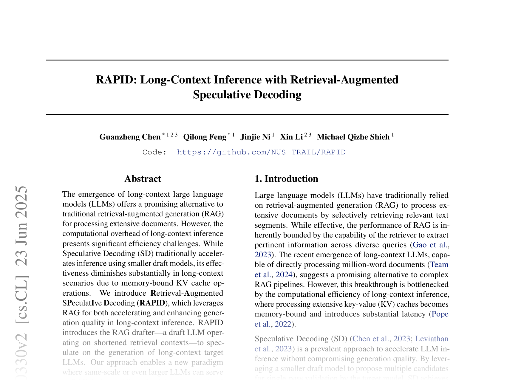 [RAPID: Long-Context Inference with Retrieval-Augmented Speculative Decoding 🔗](https://arxiv.org/abs/2502.20330)