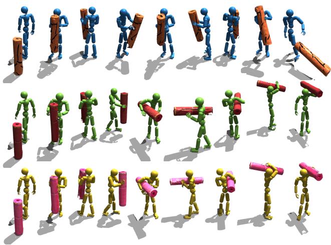 Qualitative comparison showing InterMimic correcting hand placement errors that cause baselines to fail.