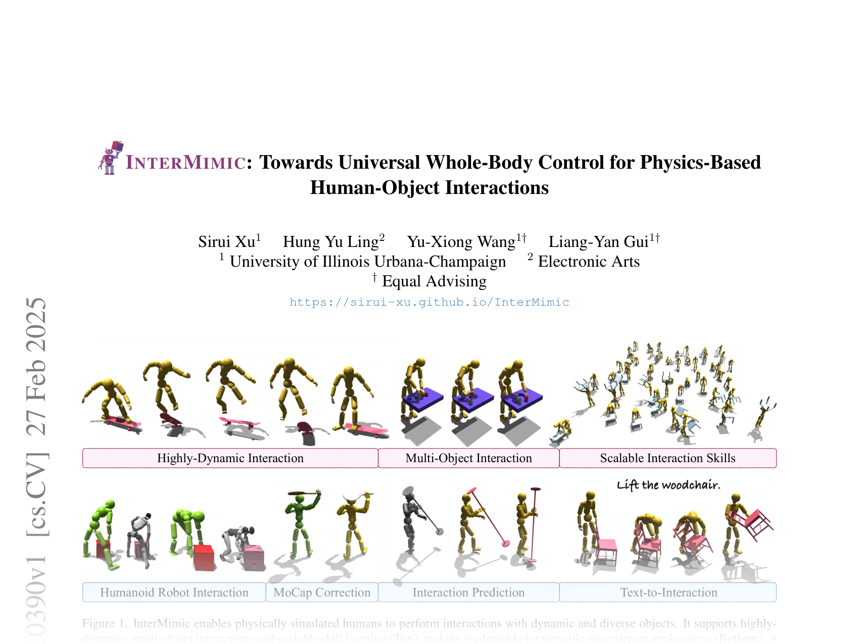 [INTERMIMIC: Towards Universal Whole-Body Control for Physics-Based Human-Object Interactions 🔗](https://arxiv.org/abs/2502.20390)