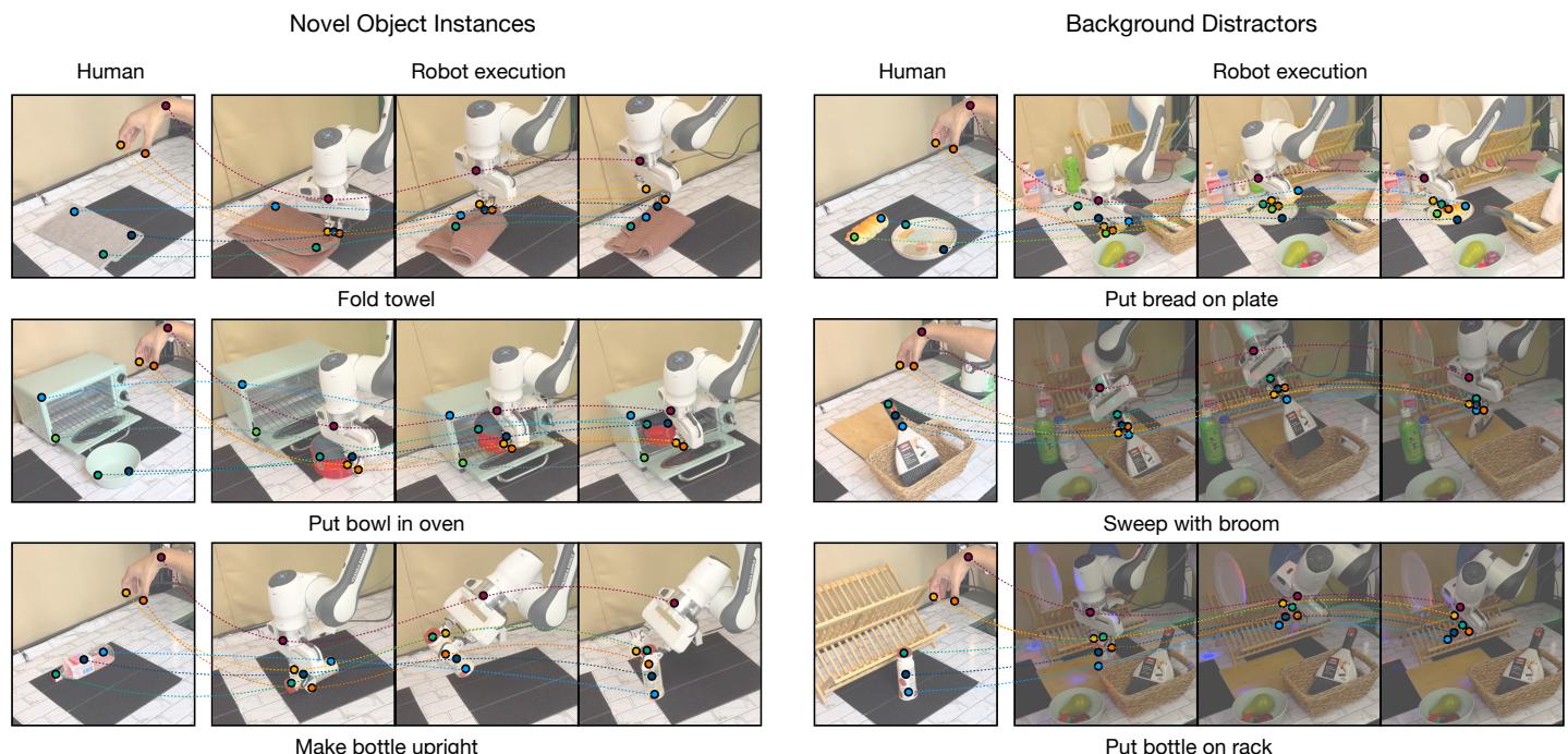 Visual rollouts showing robustness to clutter.