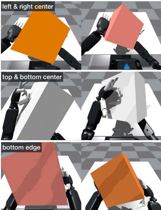 Visualization of contact patterns on a box. Top: Side centers. Middle: Top/Bottom centers. Bottom: Bottom edges. The red dots represent where the robot is incentivized to touch.