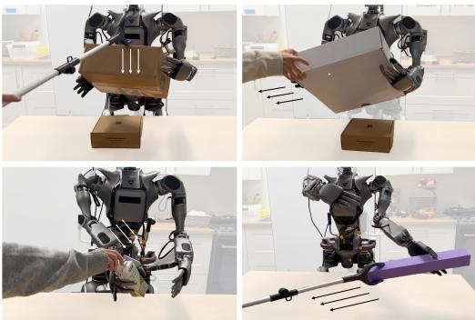 Robustness demonstration. Four panels showing a human knocking, pulling, pushing, and dragging the object while the robot maintains a stable grasp.