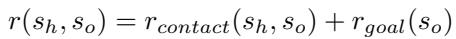 Equation for contact reward, summing the inverse distance between contact markers and fingertips for both hands.
