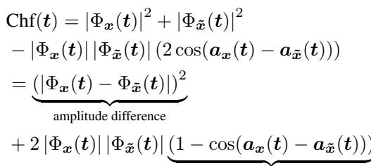 Equation showing the decomposition of the metric into amplitude difference and phase difference.