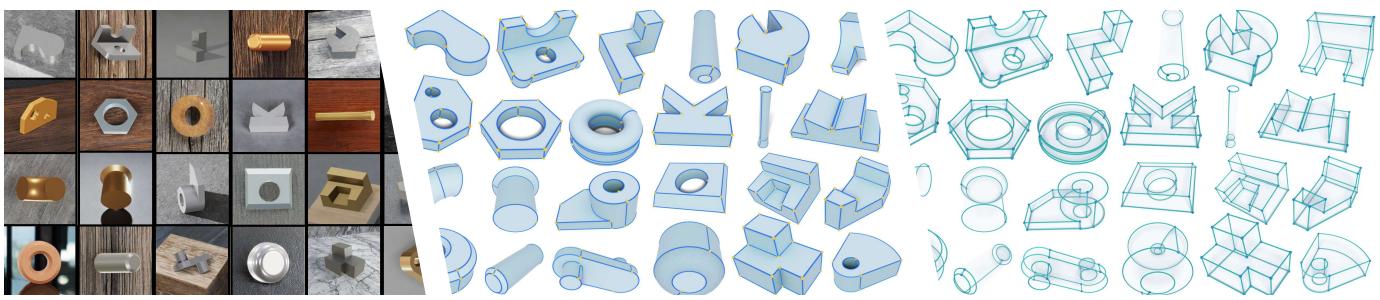 Figure 1. A gallery of reconstructed CAD models. The left column shows input images, the middle shows reconstructed shapes, and the right shows the topological wireframes.