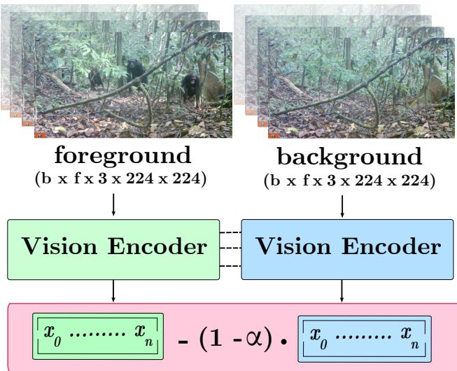 Figure 6. Latent Space Background Compensation. The proposed operation uses alpha to perform a weighted subtraction of background features.