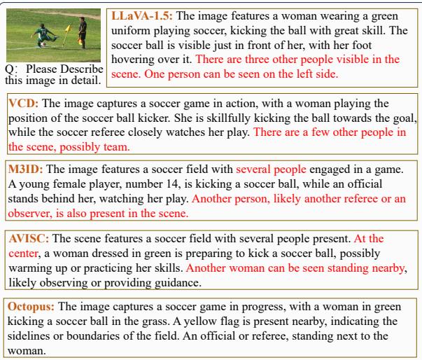 Figure 6. Comparison of generated description with different CD strategies and our method.