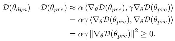 Derivation showing that the change in motion degree is proportional to the squared norm of the gradient, ensuring a non-negative increase.