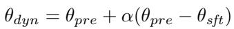 Equation defining the dynamic model as the pretrained model plus an alpha-weighted difference between pretrained and fine-tuned models.