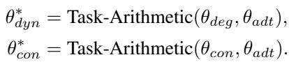 Equations showing the creation of dynamic-enhanced and consistency-enhanced models using Task Arithmetic.
