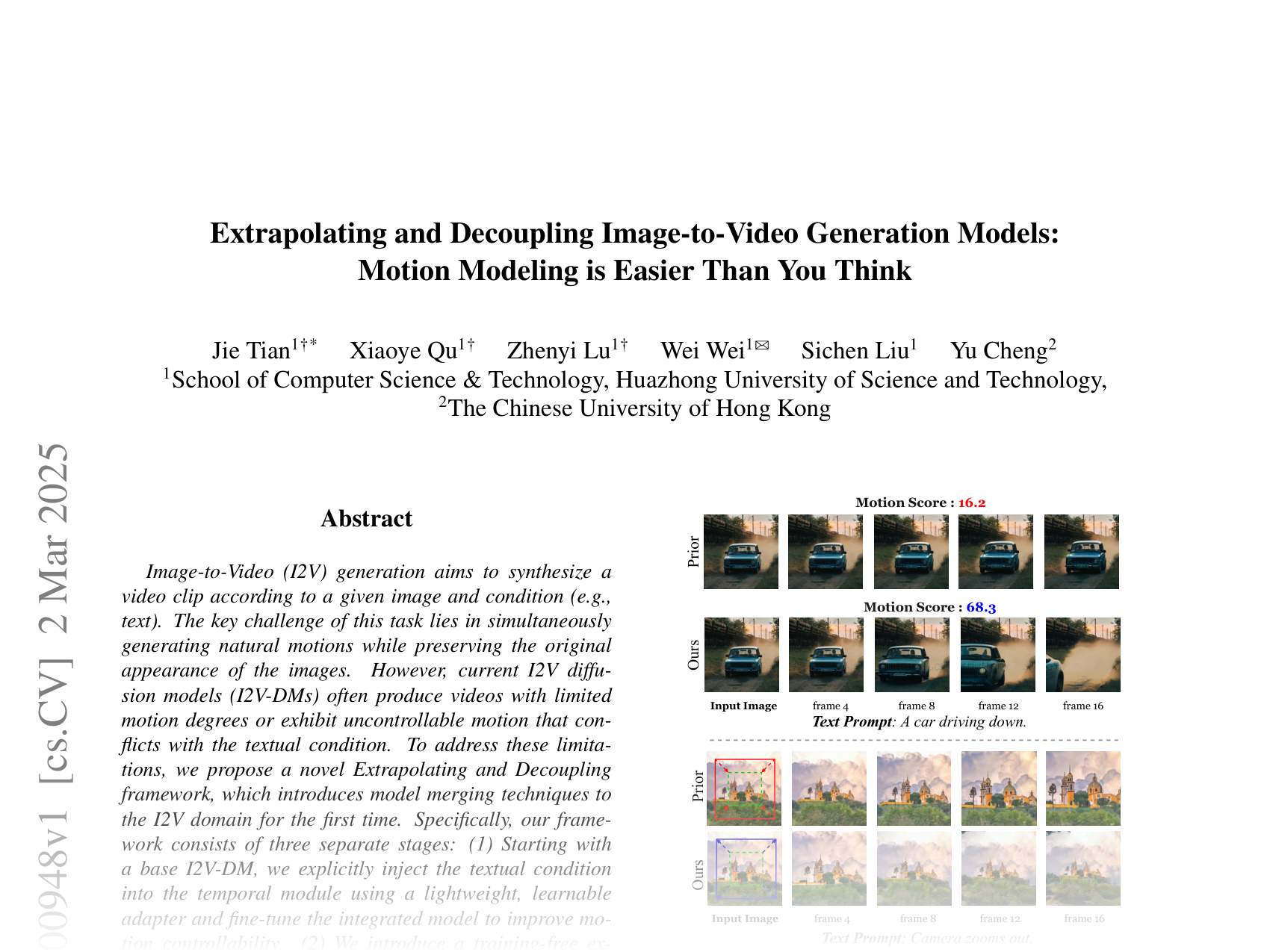[Extrapolating and Decoupling Image-to-Video Generation Models: Motion Modeling is Easier Than You Think 🔗](https://arxiv.org/abs/2503.00948)