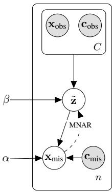 A plate diagram illustrating the generative model for the Neural Process-based imputation in RISE. The observed data (X_obs, C_obs) informs a latent representation (Z̃), which is then used to generate the missing data (X_mis).