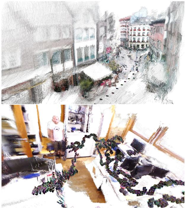 Figure 1: Qualitative example of MUSt3R reconstructions of Aachen Day-Night [83] nexus4 sequence 5 (offline, top) and TUM-RGBD [58] Freiburgl-room sequence (online, bottom).More qualitative examples can be found in Sec. B.