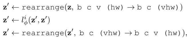 Equation describing the reference mixing layer using rearrangement and attention.