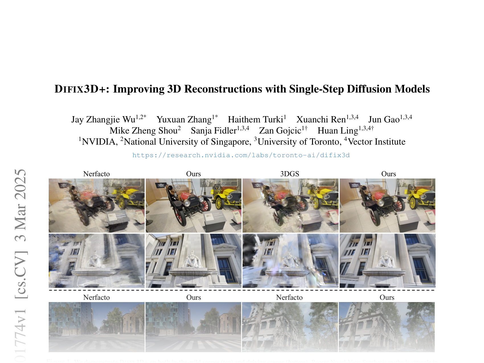 [DIFIX3D+: Improving 3D Reconstructions with Single-Step Diffusion Models 🔗](https://arxiv.org/abs/2503.01774)
