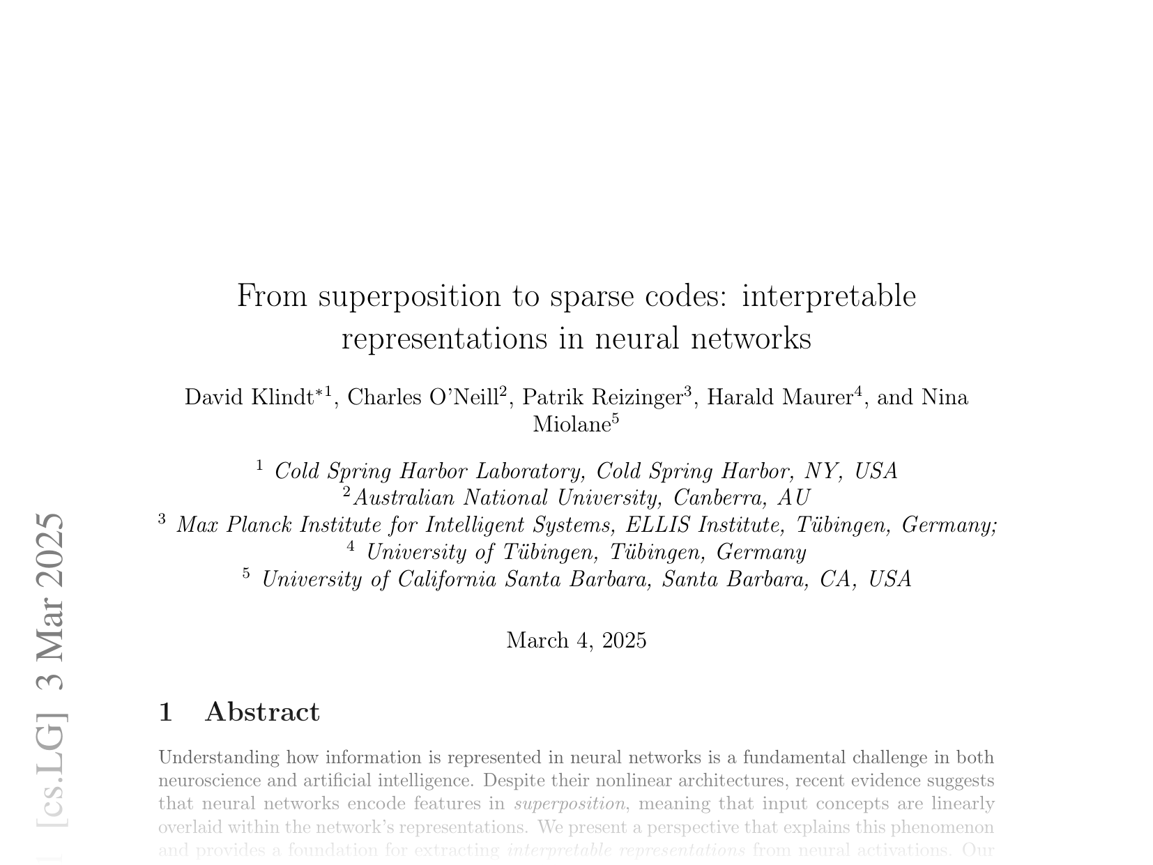 [From superposition to sparse codes: interpretable representations in neural networks 🔗](https://arxiv.org/abs/2503.01824)