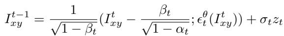 Equation 3: The reverse diffusion step for denoising.