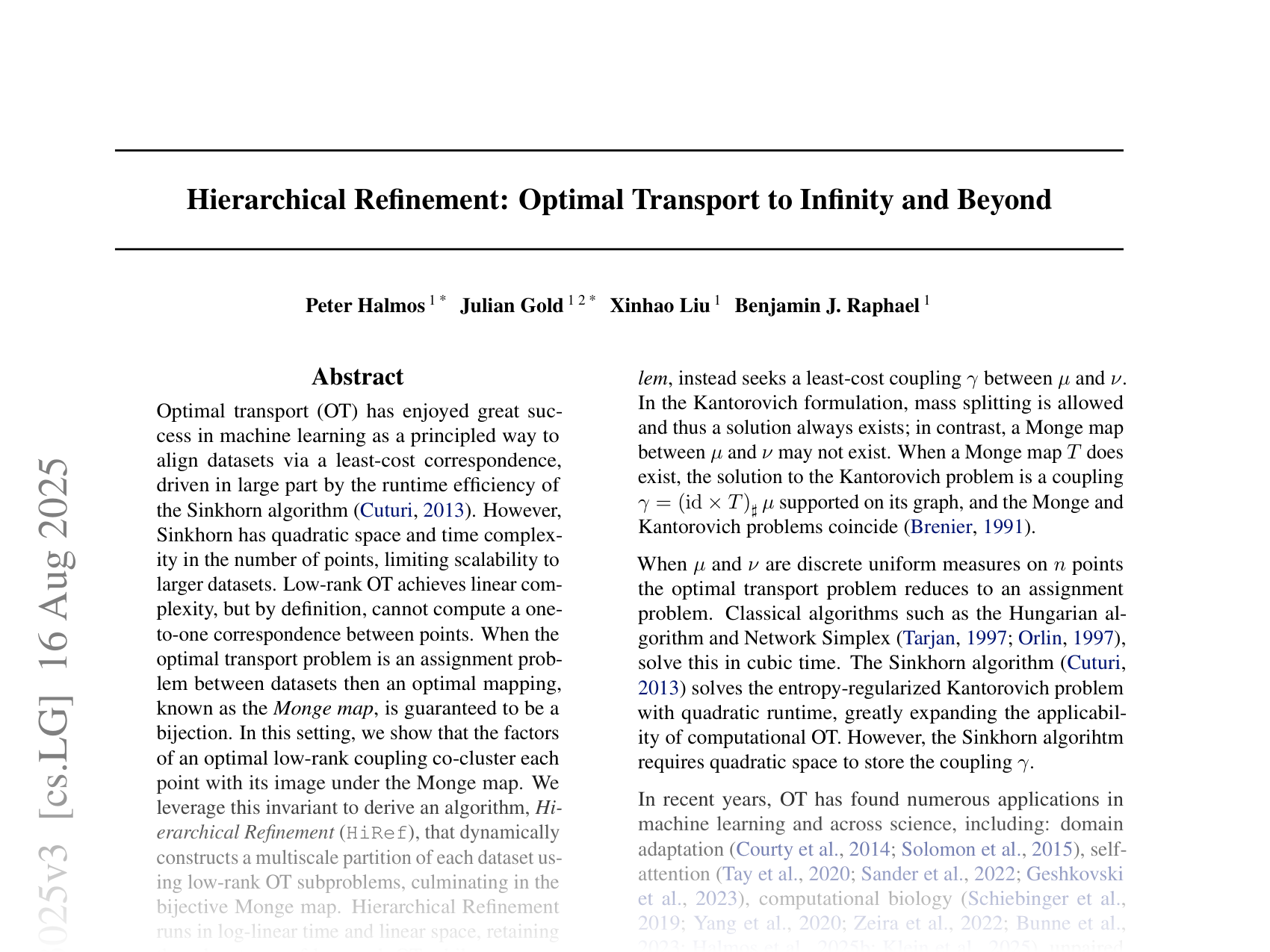[Hierarchical Refinement: Optimal Transport to Infinity and Beyond 🔗](https://arxiv.org/abs/2503.03025)