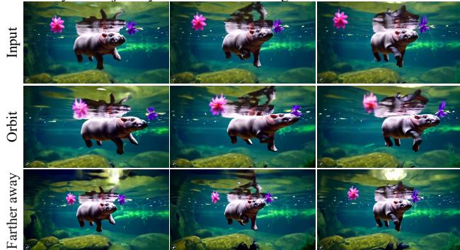 Figure 8 & 9. Top: 3D Editing results showing car removal. Bottom: Monocular dynamic NVS showing the model handling dynamic scenes.