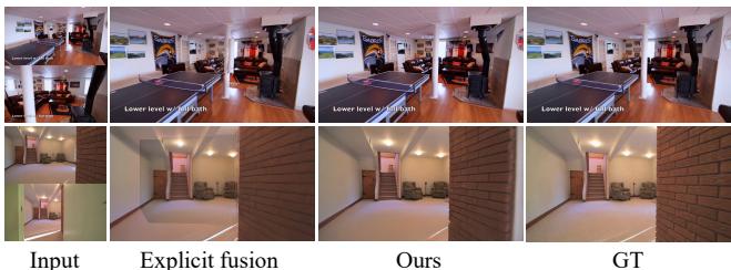 Figure 10. Ablation study showing GEN3C&rsquo;s ability to handle misaligned depth and different lighting conditions, unlike explicit fusion strategies.