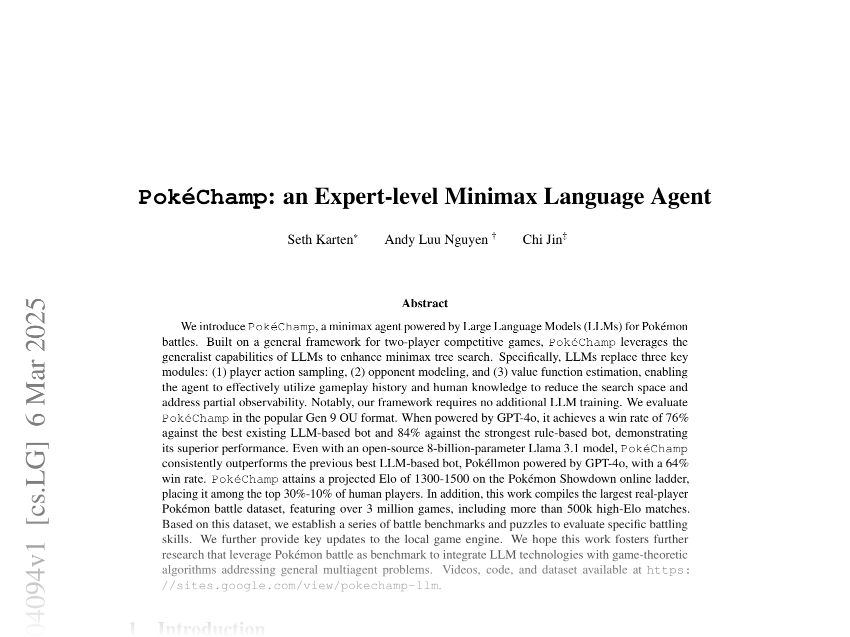 [PokéChamp: an Expert-level Minimax Language Agent 🔗](https://arxiv.org/abs/2503.04094)