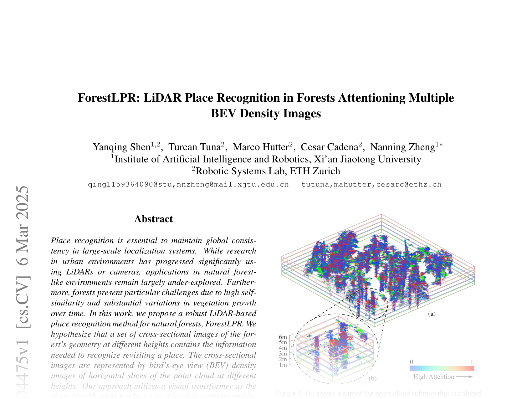 [ForestLPR: LiDAR Place Recognition in Forests Attending Multiple BEV Density Images 🔗](https://arxiv.org/abs/2503.04475)