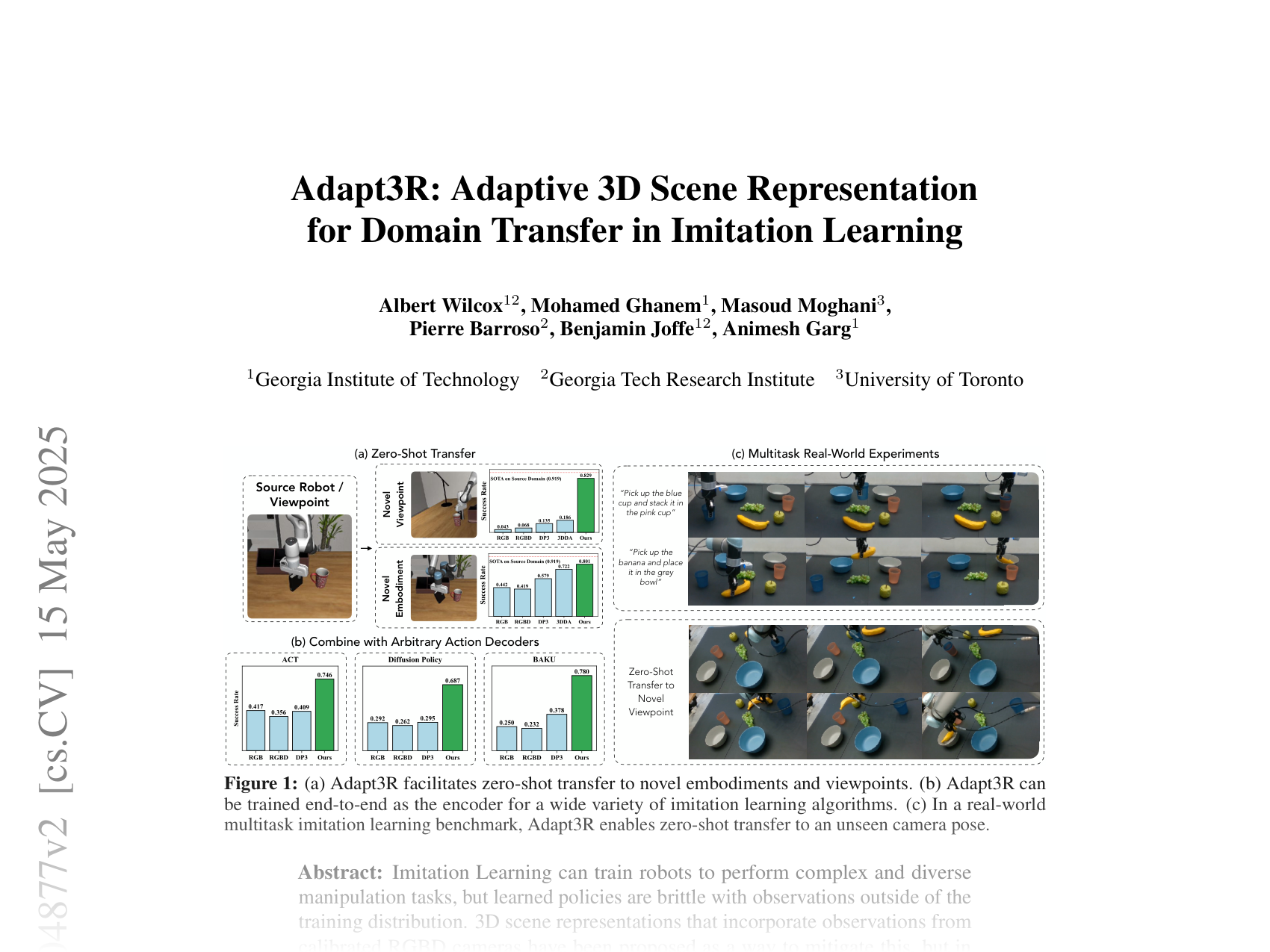 [Adapt3R: Adaptive 3D Scene Representation for Domain Transfer in Imitation Learning 🔗](https://arxiv.org/abs/2503.04877)