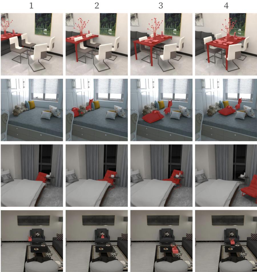 Plausibility scoring examples. The MLLM grades placements from 1 (poor) to 4 (great) based on physics and semantics.