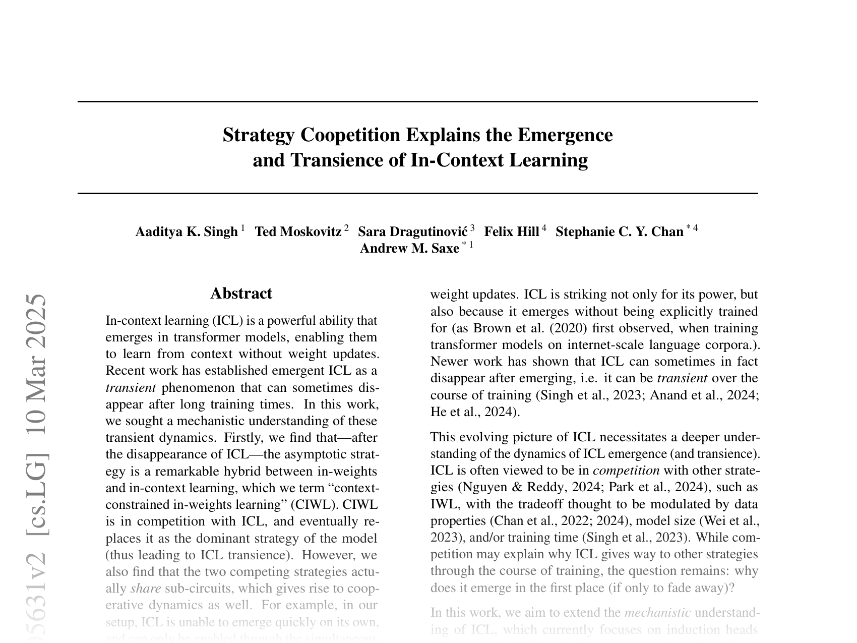 [Strategy Coopetition Explains the Emergence and Transience of In-Context Learning 🔗](https://arxiv.org/abs/2503.05631)